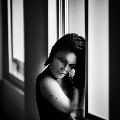 Prompt: black and white fashion photograph portrait of a depressed beautiful 35 years old model woman standing by the window, natural light, lomo, fashion photography, film grain, soft vignette, sigma 85mm f/1.4 1/10 sec shutter