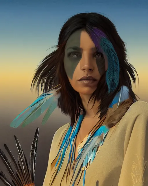 Prompt: the shadow, a gorgeous native American woman, a feather scarf, head ban with eagle feather, elk hide wrap and a bokeh western desert background at sunset, highly detailed, hard light digital painting, artstation, concept art, sharp focus, illustration, inspired by greg rutkowski and alphonse mucha and Felix Kelly