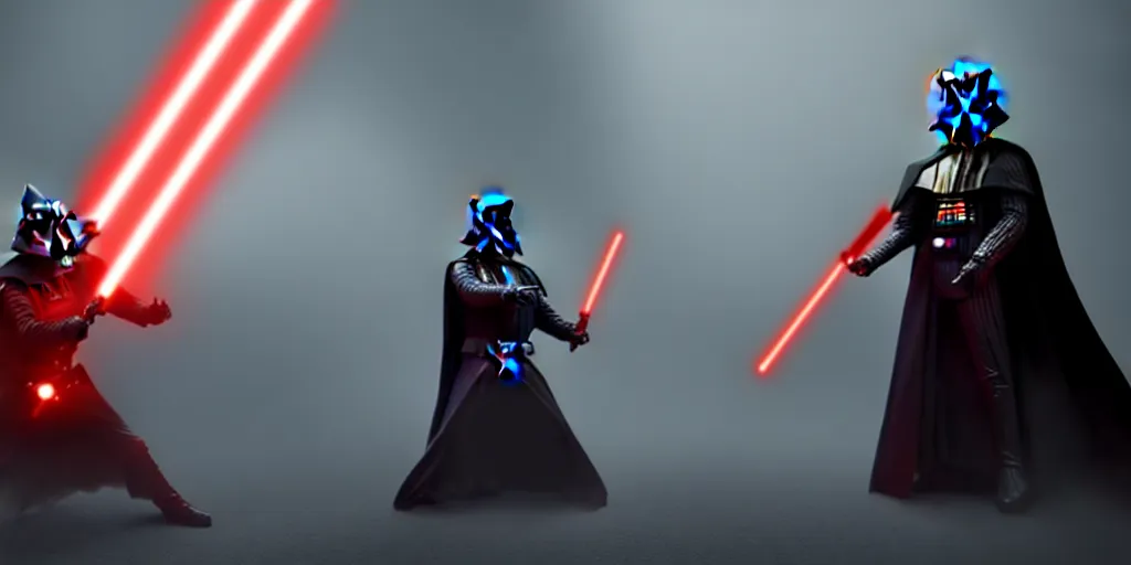 Image similar to a still of Darth Vader fighting with Darth Maul, fog, bokeh, light sabers, red glowing. 8K. detailed. photorealism. ultra realistic