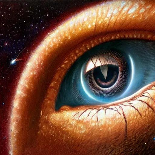 Image similar to low angle shot of a cat eye with the galaxy in the iris by clive barker, intricate, elegant, highly detailed, centered, digital painting, artstation, concept art, smooth, sharp focus, illustration, artgerm, Tomasz Alen Kopera, Peter Mohrbacher donato giancola, Joseph Christian Leyendecker, WLOP, Boris Vallejo.