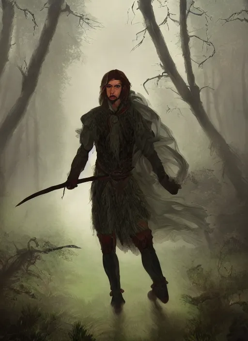 Prompt: A fantasy portrait painting of a male mage on a misty forest meadow, DAZ, hyperrealistic, ambient light, dynamic light, trending on artstation, d&d, RPG portrait