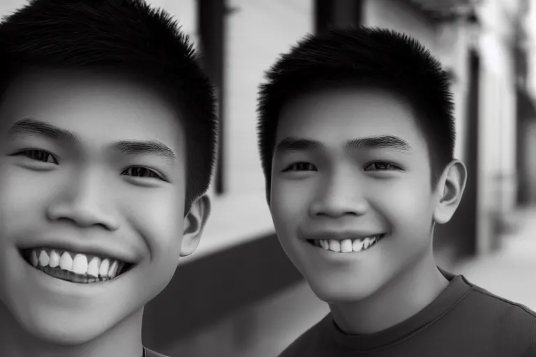 Prompt: still photo of a filipino teenange boy smiling at the camera on the street, black and white color aesthetic, highly detailed, photorealistic portrait, bright studio setting, studio lighting, crisp quality and light reflections, unreal engine 5 quality render