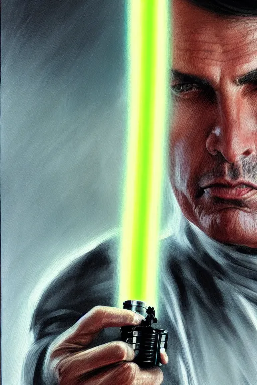 Image similar to breathtaking detailed concept art painting of jair messias bolsonaro holding a lightsaber, by hsiao - ron cheng, exquisite detail, extremely moody lighting, 8 k