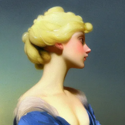 Image similar to a young woman's face, her hair is white and she wears a cobalt blue satin cloak, by ivan aivazovsky and syd mead and moebius and gaston bussiere and roger dean and pieter claesz and paul delaroche and alma tadema and aelbert cuyp and willem claesz, hyperrealistic, volumetric light, octane render