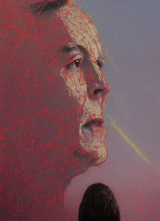 Image similar to A painting of Elon Musk in style of Beksinski. Very detailed