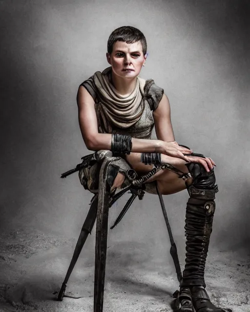 Image similar to photoshoot of ana taylor - joy dressed as a young imperator furiosa in mad max fury road prequel, photoshoot in the style of annie leibovitz, george miller, studio lighting, soft focus 9 mm lens, bokeh