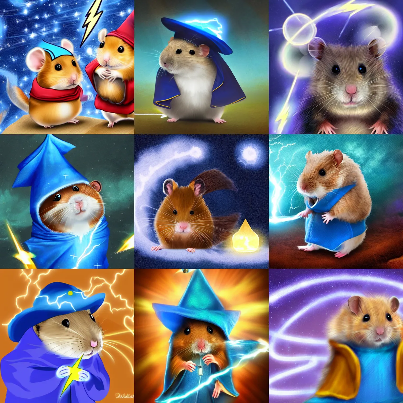 Prompt: A high quality, digital artwork of a hamster, dressed in a blue wizard’s cloak, summoning a lightning cat!