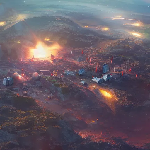 Image similar to A prospering village on a meteor crash site, concept art, detailed, 4K, artstation, aerial view, film grain