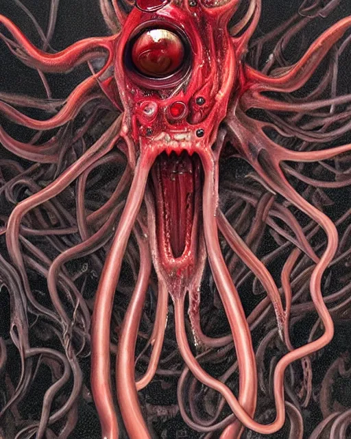 Prompt: Haunting horrifying detailed painting of a tall skinny extraterrestrial squid monster made of gelatinous fluid, floating teeth and bloodshot eyeballs, hyper detailed, trending on Artstation