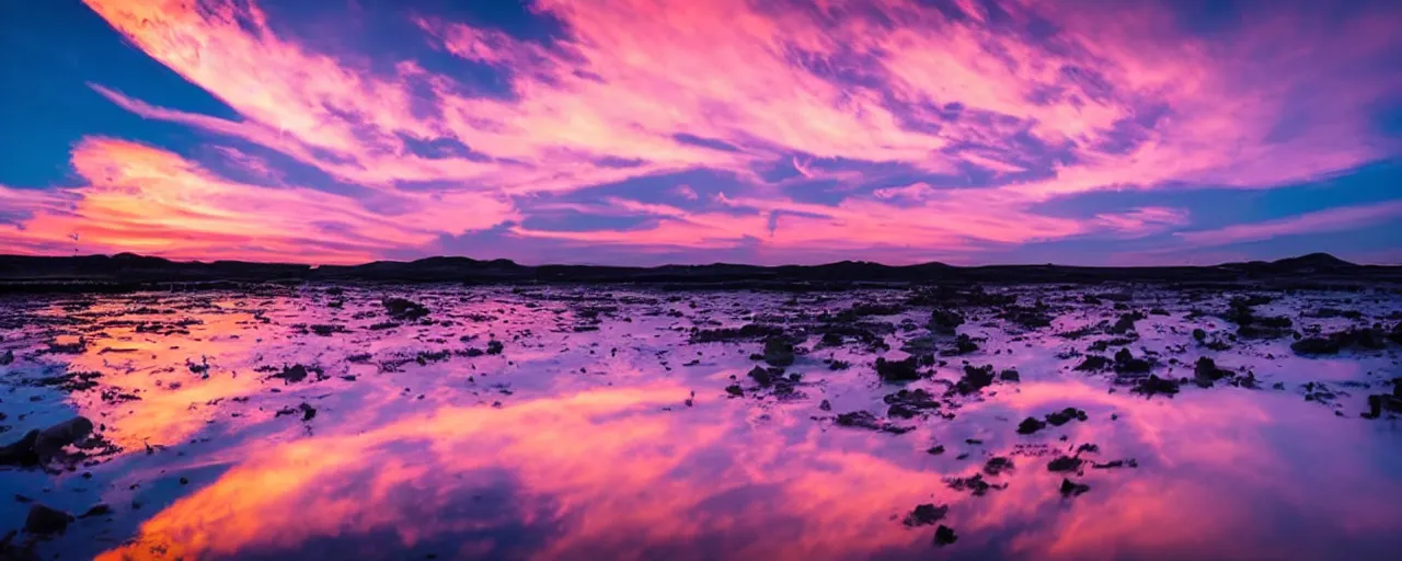 Prompt: beautiful sunset purple noctilucent clouds serene glowing landscape photography