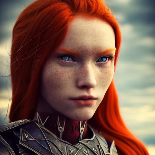 Image similar to north female warrior, red hair, ginger hair, fantasy, high detailed, photography, cloudy, lightweight armor, Scandinavia, plain, Authentic, detailed face, cute face, model, glowing skin, blue eyes, professional photographer, masterpiece, 8k, 3D