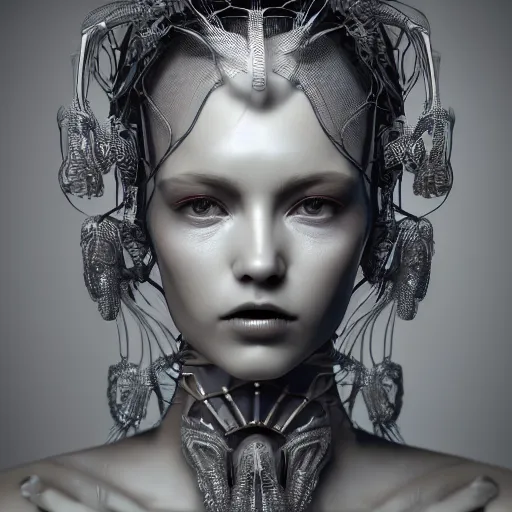 Image similar to closeup portrait of an absurdly beautiful, graceful, sophisticated, fashionable cyberpunk mechanoid gravure idol, an ultrafine hyperdetailed illustration by irakli nadar, matt wisniewski style, intricate linework, porcelain skin, iridescent jellyfish headdress, fractal ivory carved ruff, unreal engine 5 highly rendered, global illumination, radiant light, detailed and intricate environment