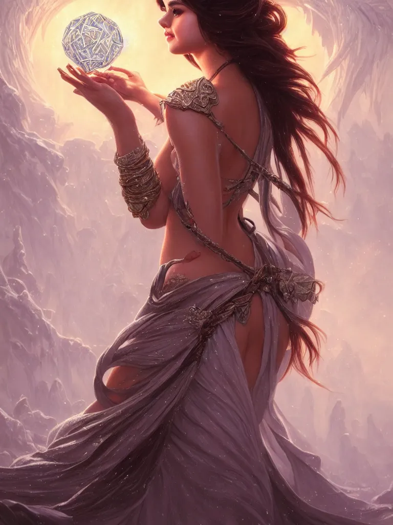 Image similar to Selena Gomez casting an frost spell, D&D, fantasy, intricate, elegant, highly detailed, digital painting, artstation, concept art, matte, sharp focus, illustration, hearthstone, art by Artgerm and Greg Rutkowski and Alphonse Mucha