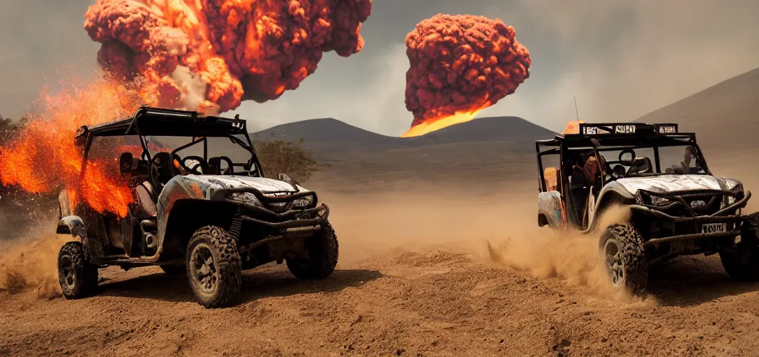 Image similar to action photography of a utv driving by an exploding volcano, 8 k photography, action sports, oasis in background,