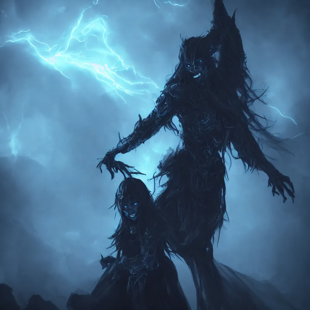 Image similar to character design, dark arcanist, blue lightning, blue mist, scary, photorealistic, unreal engine, hellish background, dark and mysterious, atmospheric, ominous, eerie, cinematic, cinematic, 4k, ultra detail, ultra realistic