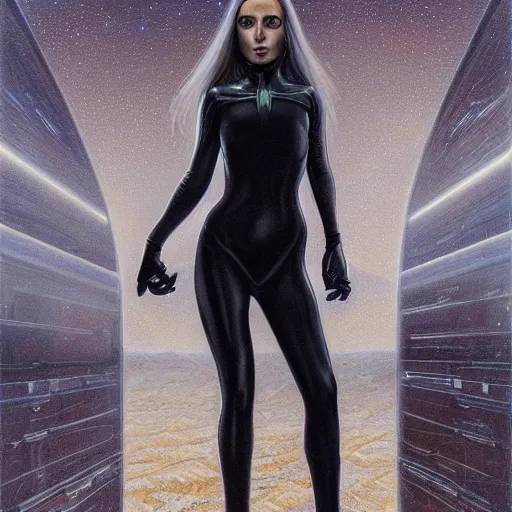 Image similar to pleiadian woman with big eyes and long silver hair wearing a dark body suit and wielding a plasma gun as a realistic sci fi character, portrait art by donato giancola and greg rutkowski, digital art, trending on artstation, standing in a barren field