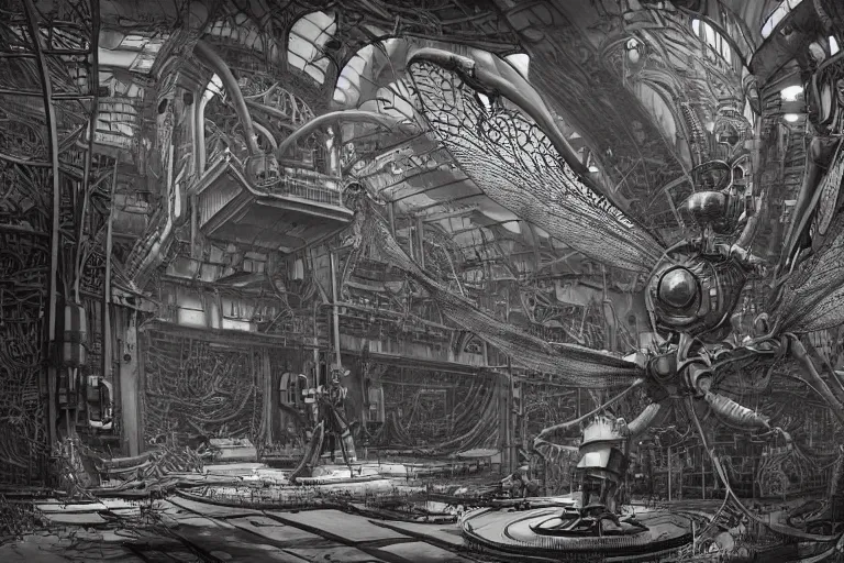 Image similar to dieselpunk huge robotic dragonfly, inside an gigantic underground concrete doom hangar, interior structure, drains, storm drains, jungle, vines, algea, cables, panels, walls, ceiling, floor, doors, brutalist architecture, intricate ink drawing, highly detailed in the style of Ashley Wood, moebius and Tsutomu Nihei, photorealistic, cinematic, intricate detail, well lit,