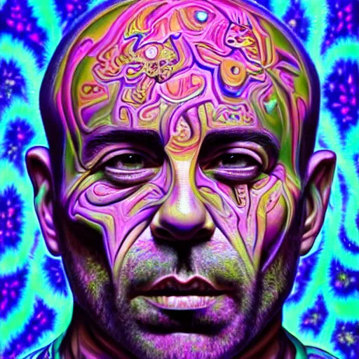 Image similar to An extremely psychedelic portrait of Joe Rogan, surreal, LSD, face, detailed, intricate, elegant, lithe, highly detailed, digital painting, artstation, concept art, smooth, sharp focus, illustration