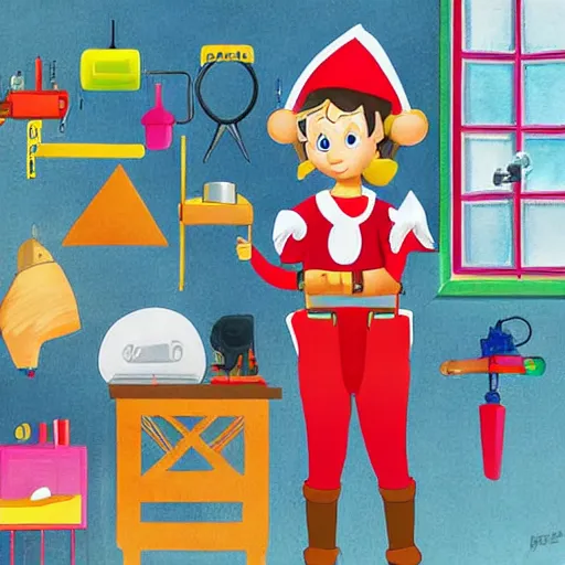 Image similar to An elf wearing overalls tinkering with a gadget in her workshop, digital art