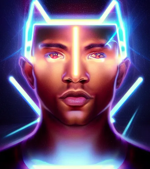 Image similar to symmetry!! egyptian prince of technology, solid cube of light, hard edges, product render retro - futuristic poster scifi, lasers and neon circuits, brown skin man egyptian prince, intricate, elegant, highly detailed, digital painting, artstation, concept art, smooth, sharp focus, illustration, dreamlike, art by artgerm