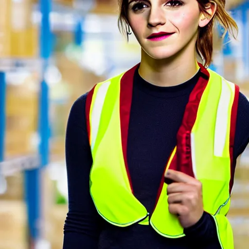 Prompt: photo, close up, emma watson in a hi vis vest, in amazon warehouse, portrait, point and shoot camera, backlit,