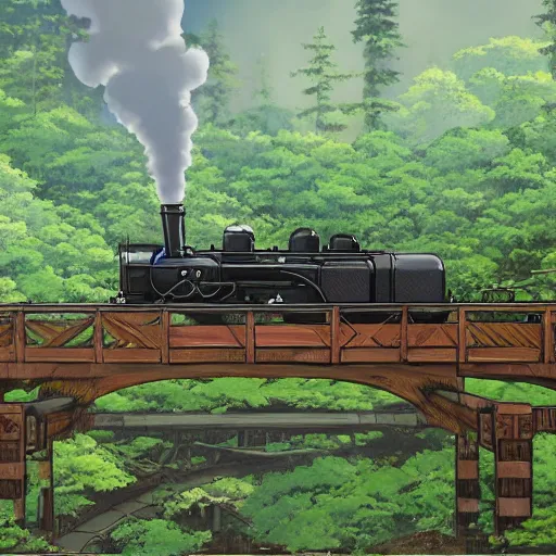 Prompt: distant shot of a steam train going over a old wooden bridge in a forest, anime, by makoto shinkai, forest, highly detailed