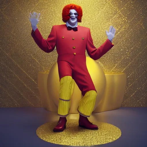 Image similar to A still of Ronald McDonald surrounded by gold and diamonds, Award-winning, photograph, 3d render, unreal engine, 4k detailed