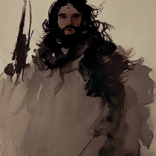 Image similar to jennifer connolly as john snow, intricate, elegant, highly detailed, greg manchess, mucha, liepke, ruan jia, jeffrey catherine jones, ridley scott