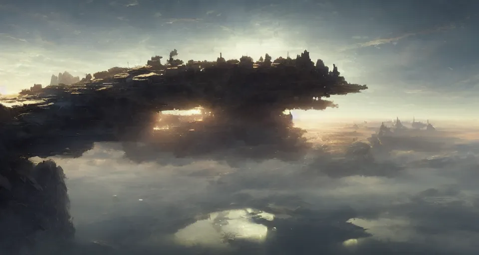 Prompt: floating city on a sea of clouds, first light, panorama, by greg rutkowski, artstation