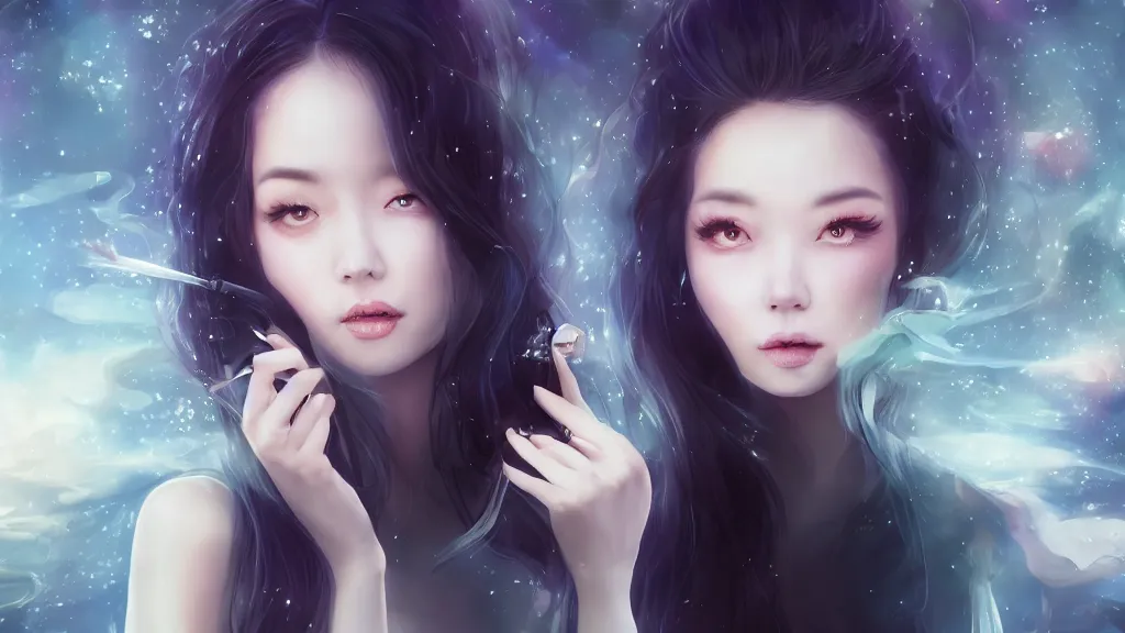 Image similar to whimsical, beautiful alluring women, wearing professional makeup, standing in a lake, dancing, under a binary black hole with a ring, by Ross Tran, by Miho Hirano, by artgerm, by beeple, face enhance, volumetric lighting, 4k resolution, octane render, trending on artstation
