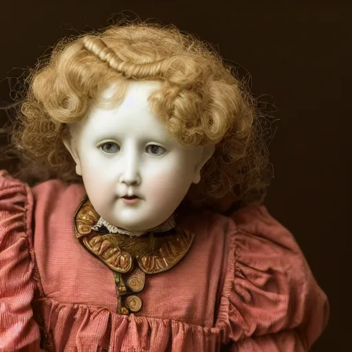 Image similar to close up portrait of a life size victorian doll standing in with a bicycle, 8 k, soft lighting, highly detailed realistic, face in focus 1 8 9 0's liminal