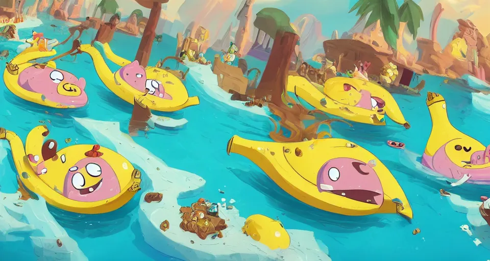 Image similar to cartoon bananas swimming in ice cream, in the style of adventure time, the amazing world of gumball, pixar, toki doki, greg rutkowski and makoto shinkai, trending on artstation