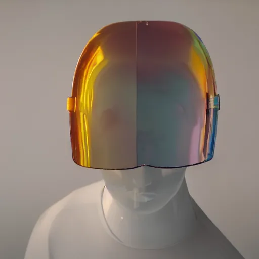 Image similar to an ultra high definition professional studio quality photograph of a transparent iridescent perspex pastel coloured visor and matching raincoat on a white coat hook in an empty white room. dramatic lighting, ray tracing, refraction, shallow d. o. f, colour corrected, golden ratio, three point light. volumetric shadows. light rays.