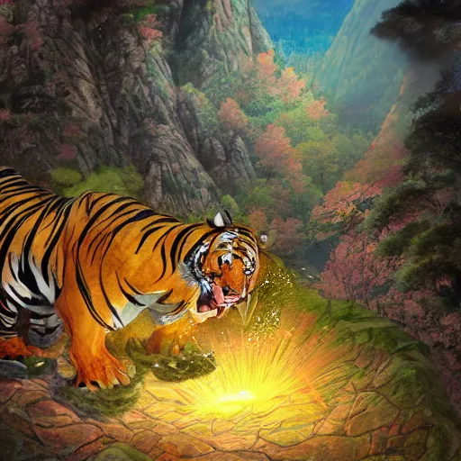 Prompt: a huge tiger and dragon is in the middle of the mountain, Style of korean traditional folktale painting by Shin Yun-bok; colorfully lit; Sin Yun-bok ;Kim Hong-do; 8K 3D 8k resolution deviantart DSLR Flickr trending on Artstation VRay