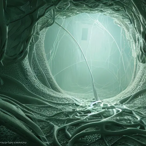 Image similar to biocomputer human organ inside a neural network made like antique lace in a biomechanical cave forest, environment, matte painting, diffused lighting, highly detailed cinematic, atmosphere, diffused lighting, highly detailed digital art, trending on artstation, depth of field, wide angle