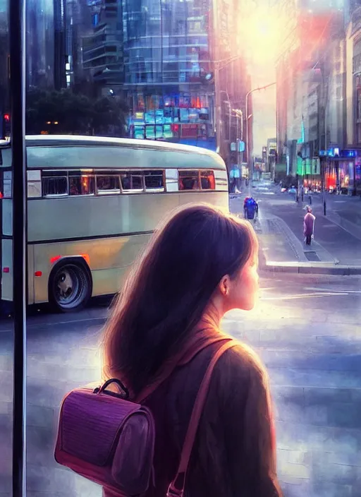 Image similar to a beautiful woman stands at a bus stop in the early morning, calls on the phone, around the city, the road, sharp focus, 8 k high definition, insanely detailed, intricate, elegant, art by stanley lau and artgerm, floating embers