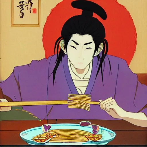 Image similar to robe rat samurai eating noodles, painting on a canvas, anime style, studio ghibli, contemplative, beautiful, surreal, detailed, dreamy