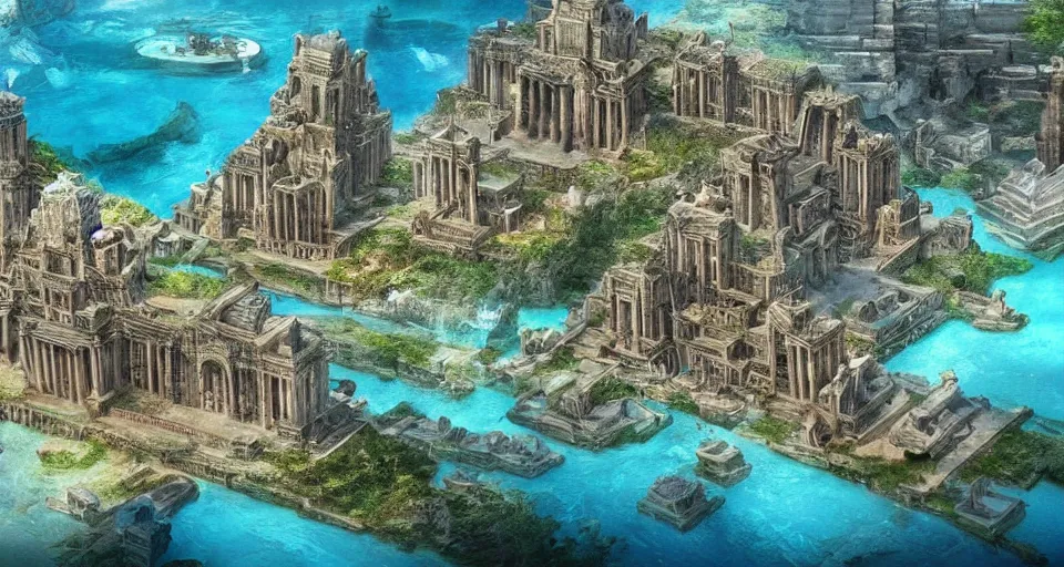 Image similar to a magnificent photo of the lost city of Atlantis, underwater, landscape, fully built buildings, hyper detailed, 4K