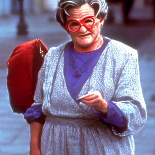 Image similar to robin williams dressed as mrs doubtfire in the movie mrs doubtfire ( 1 9 9 3 ), movie still, photo realistic, sigma 5 0 mm,