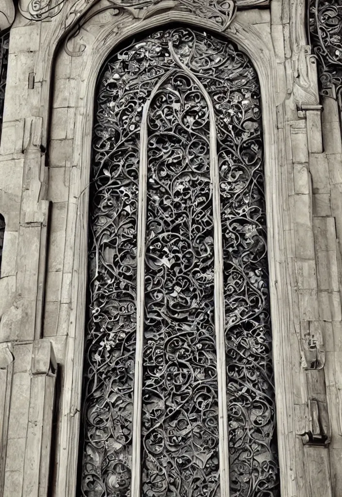 Prompt: photo of a beautiful window, symmetrical, symmetry, art nouveau, iron frame, skyrim