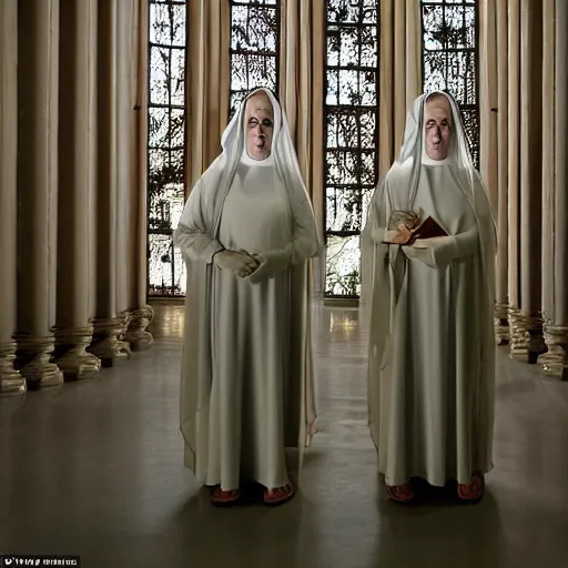 Image similar to award winning photo Floating twin nuns wearing translucent habits Very long arms, in a sanctuary, eerie, frightening —width 1024 —height 1024