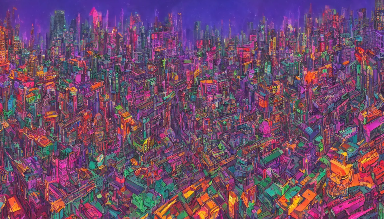 Image similar to surreal colorful nightmarish cityscape, 4k artwork by Ralph Bakshi