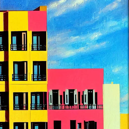 Prompt: colorful painting of classic 3 - story tel aviv apartment building, bauhaus architecture, portrait