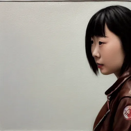 Image similar to perfect, realistic oil painting of close-up japanese young woman wearing leather jacket, in Fallout