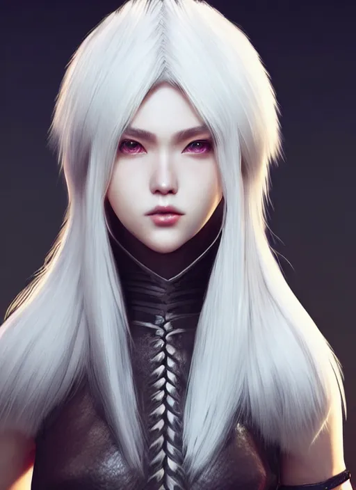 Image similar to warrior, fur leather armor!!! beautiful and elegant white hair female!! gorgeous ayes!! character concept art, sharp focus, octane render! unreal engine 5! highly rendered!! trending on artstation!! detailed linework!! illustration by artgerm, wlop, and chie yoshii