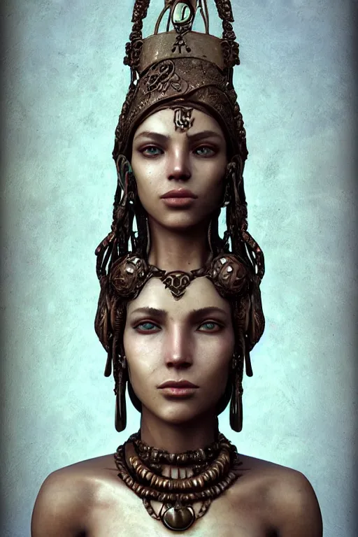 Image similar to a woman wearing a headdress and a necklace, a bronze sculpture by Bastien Lecouffe-Deharme, trending on cgsociety, afrofuturism, zbrush, daz3d, detailed painting