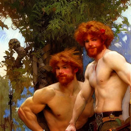 Prompt: attractive muscular ginger hair mike and muscular attractive brunet hair ty, drinking their hearts out, boys night out. highly detailed painting by gaston bussiere, craig mullins, j. c. leyendecker, alphonse mucha 8 k