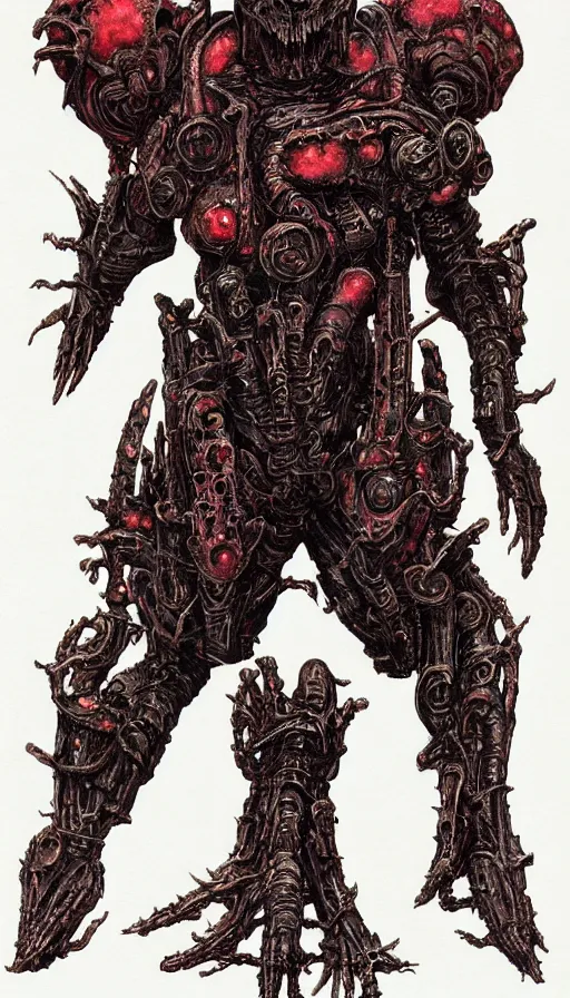 Prompt: Doom themed painting of symmetrical torso black and crimson inferno armor with extended evil armored hands concept, intricate artwork by H.R. Giger, Johnatan Wayshak, Zdizslaw Beksinski, Ayami Kojima, Amano, Karol Bak, Moebius, and Mark Brooks, Neo-Gothic, gothic, rich deep colors, art by Takato Yamamoto, masterpiece, face by Artgerm, very coherent artwork, cinematic, hyper realism, high detail, octane render, unreal engine, 8k, High contrast, golden ratio, trending on cgsociety