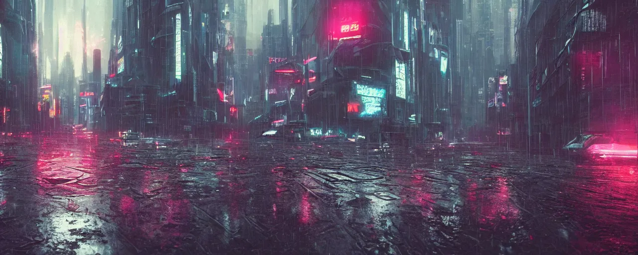 Image similar to cyberpunk landscape, synth, rainy, overcast, puddles