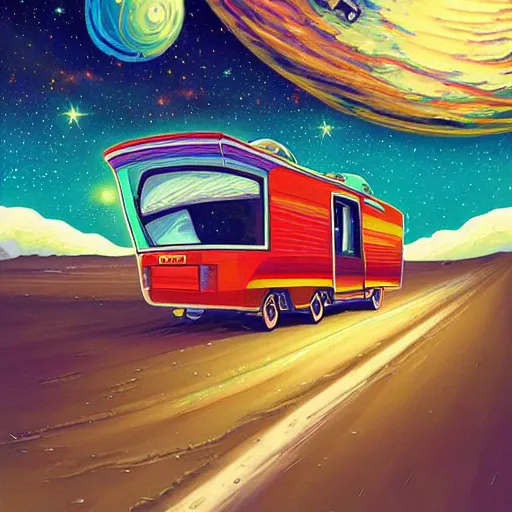 Image similar to Beautiful painting of a cosmic RV driving through space by Dan Mumford, hyperdetailed, trending on Artstation